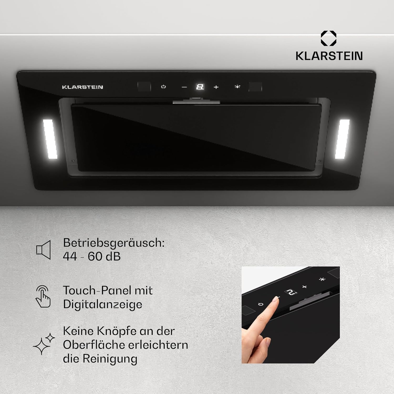 Klarstein Dunstabzugshaube 52cm, Abluft/Umluft-Dunstabzugshaube, Dunstabzug mit Filter, LED-Beleuchtung & Touch-Bedienfeld, Leise Abzugshaube mit 466 m³/h Luftstrom, Effizienter Edelstahl-Dunstabzug