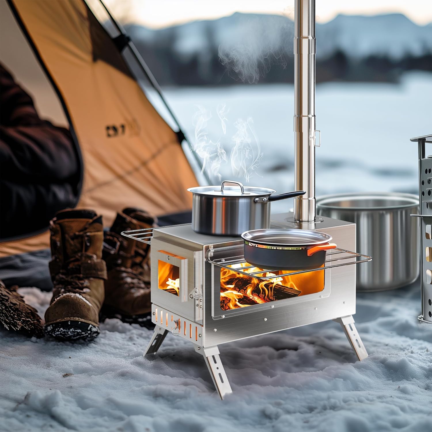 unho Zeltofen Gartenofen Tragbarer Holzofen, Campingherde Edelstahl Holzkocher mit 7 Rohren, Ideal für Camping im Zelt, Outdoor-Kochen und Gartenaktivitäten, 31 x 40 x 211 cm