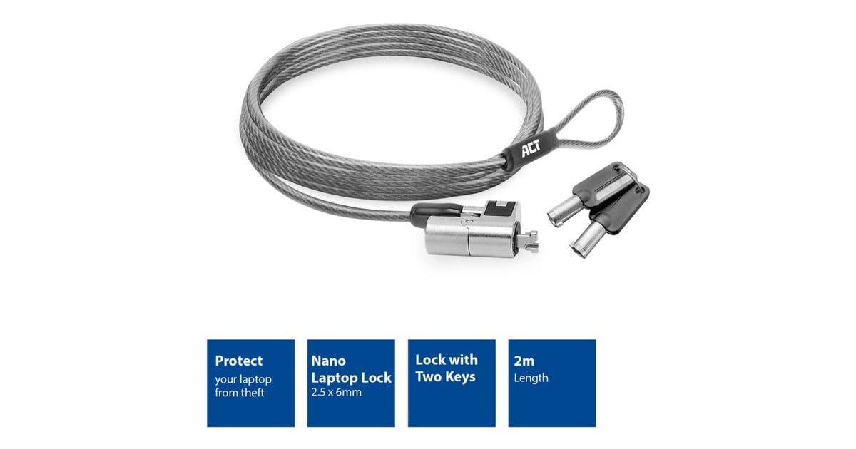ACT ConnectivityNano laptopslot met sleutels diefstalbeveiliging  (Grijs, 2 meter)