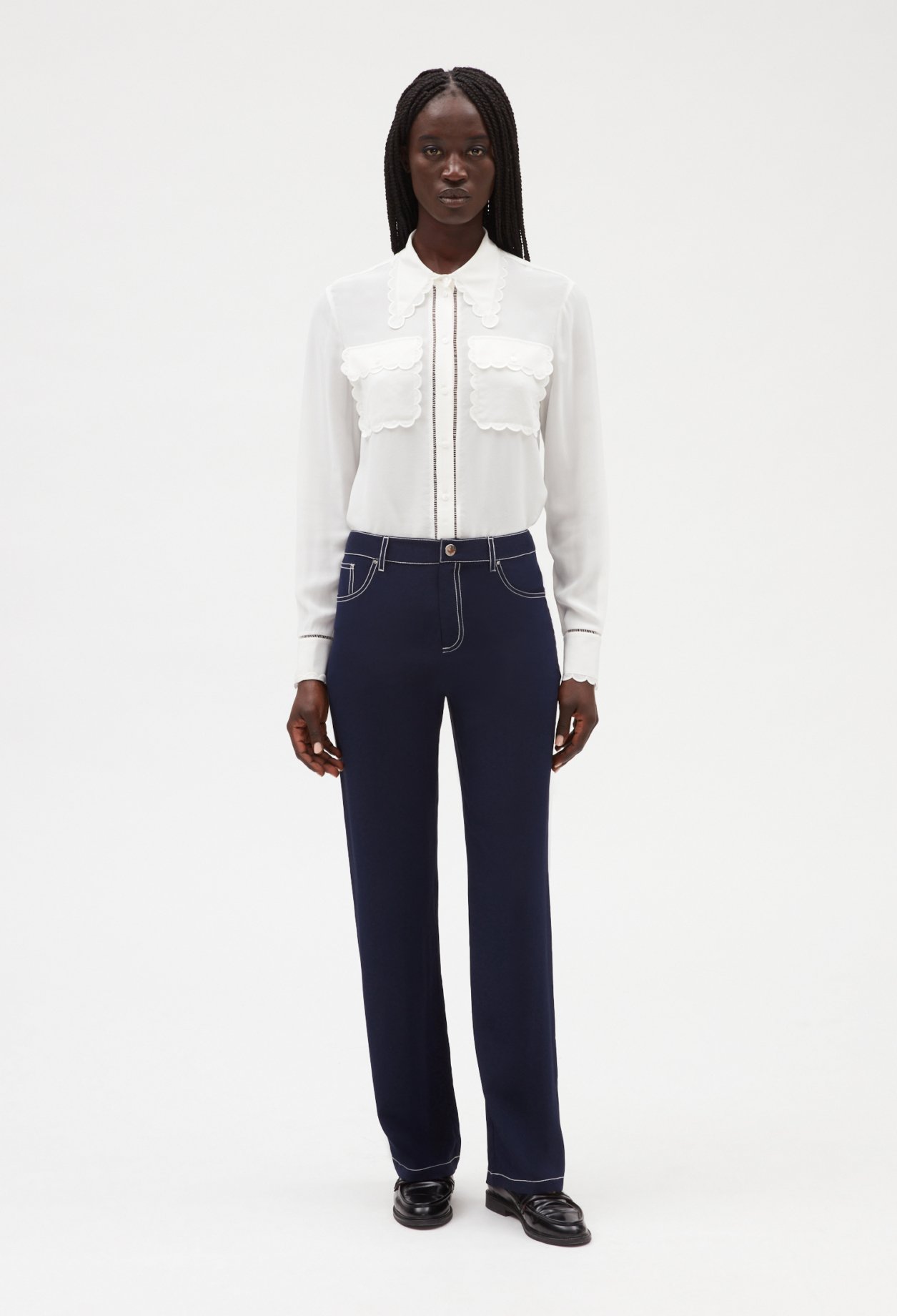 Pantalon droit soie bleue