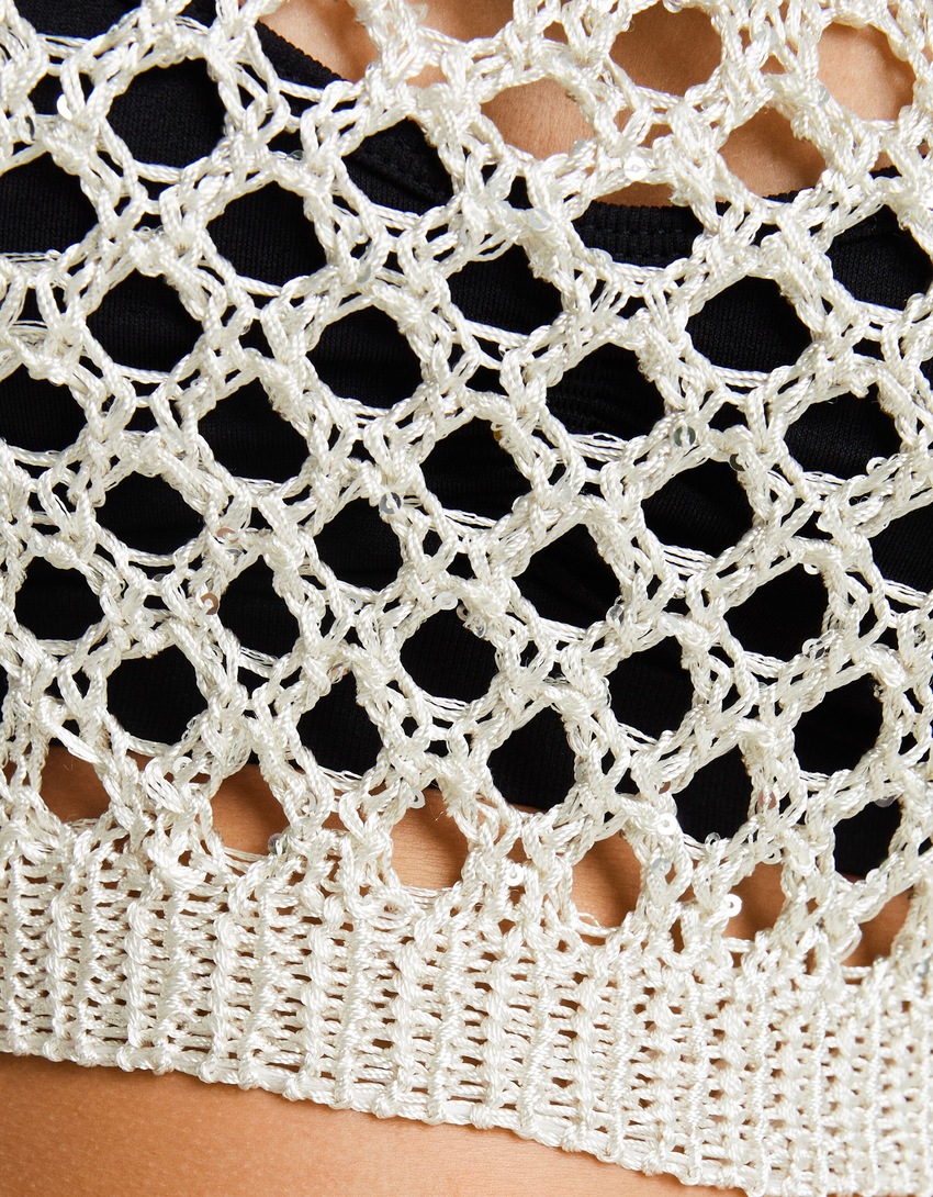 Top cropped rústico de crochê com alças e brilho