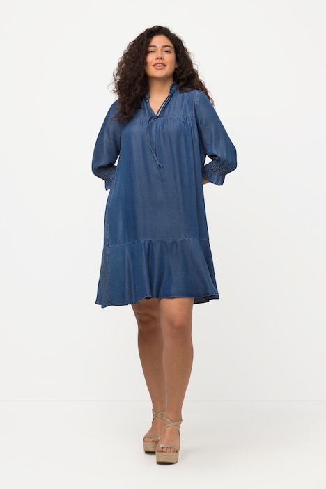 Lyocell-Kleid, Jeansoptik, Tunika-Ausschnitt, 3/4-Arm