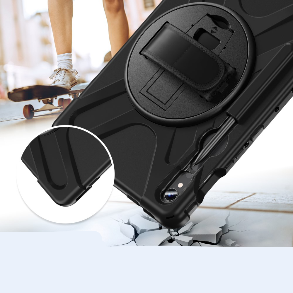 Samsung Galaxy Tab S10 Lite / S10 FE / Tab S9 FE / S9 Hybrid Outdoor Silikon Case Hülle mit Aufsteller und Handschlaufe - Schwarz
