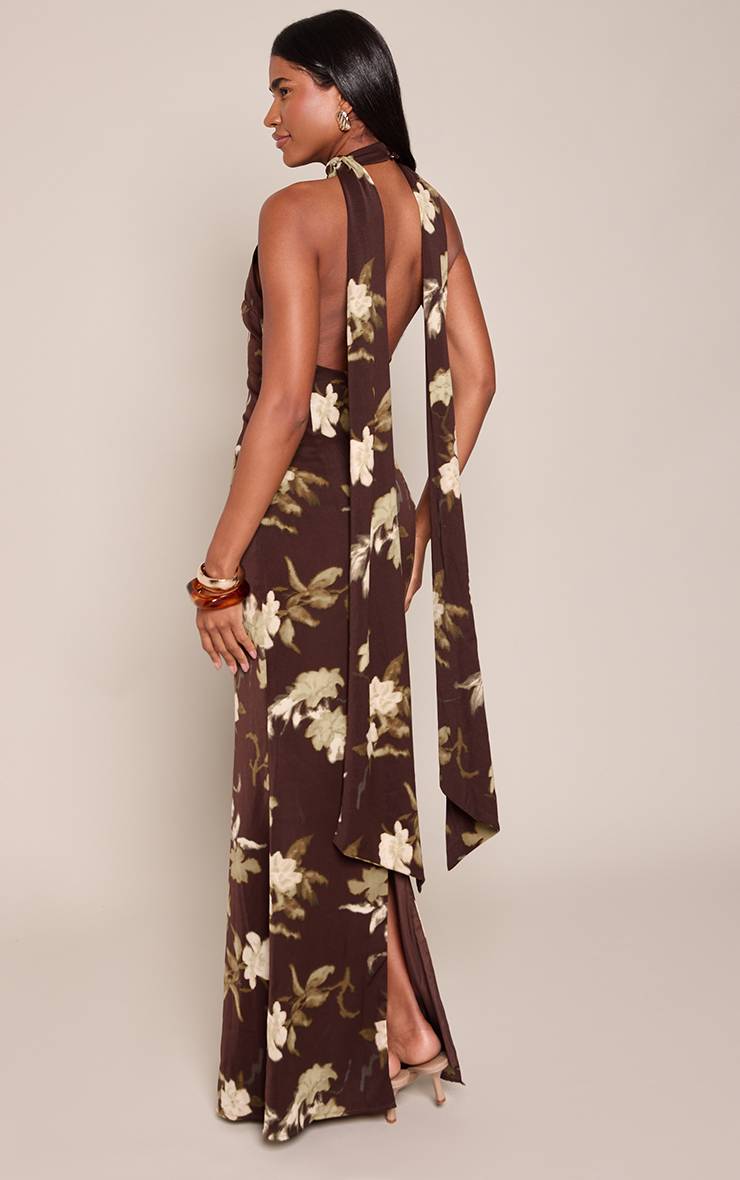 Chocolat Robe Longue Maxi À Imprimé Floral En Mousseline Avec Encolure Américaine
