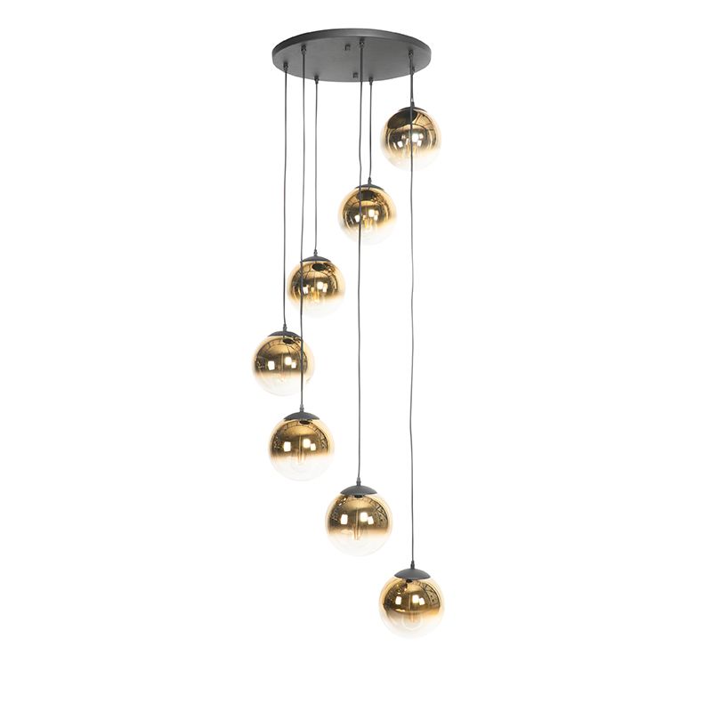 Smart hanglamp zwart met goud glas 7-lichts incl. 7 Wifi A60 - pallon