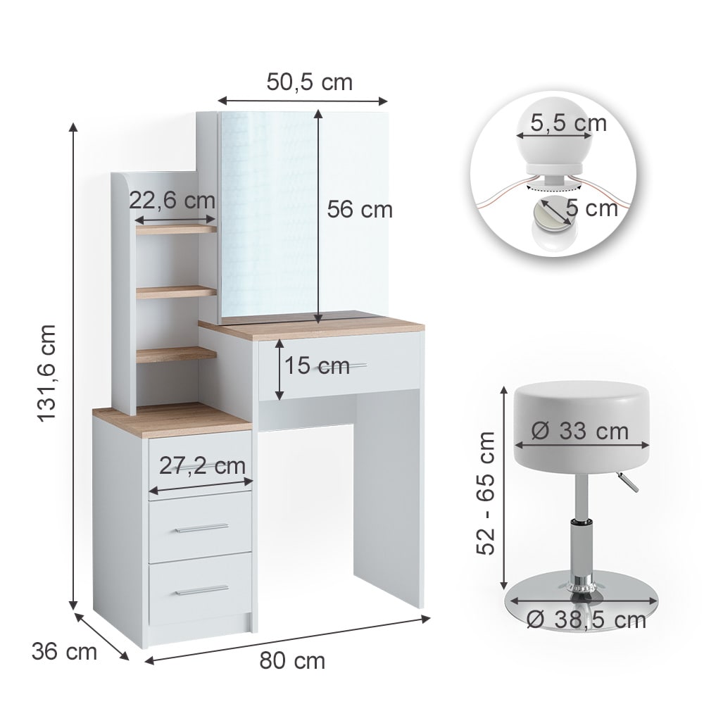 Vicco Schminktisch Frisiertisch Kosmetiktisch Conrada Weiß Sonoma Schminkspiegel 80x132 modern Hocker LED Beleuchtung Schlafzimmerkommode Schminkkommode Schublade Spiegelschrank Frisierkommode Make-Up-Tisch