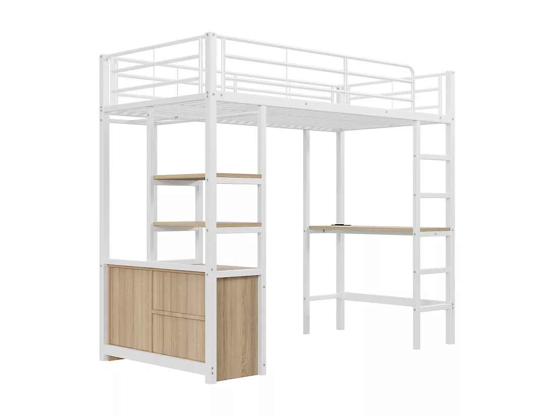Lit mezzanine 90x200cm en métal - avec bureau + prises USB + barrières - Blanc