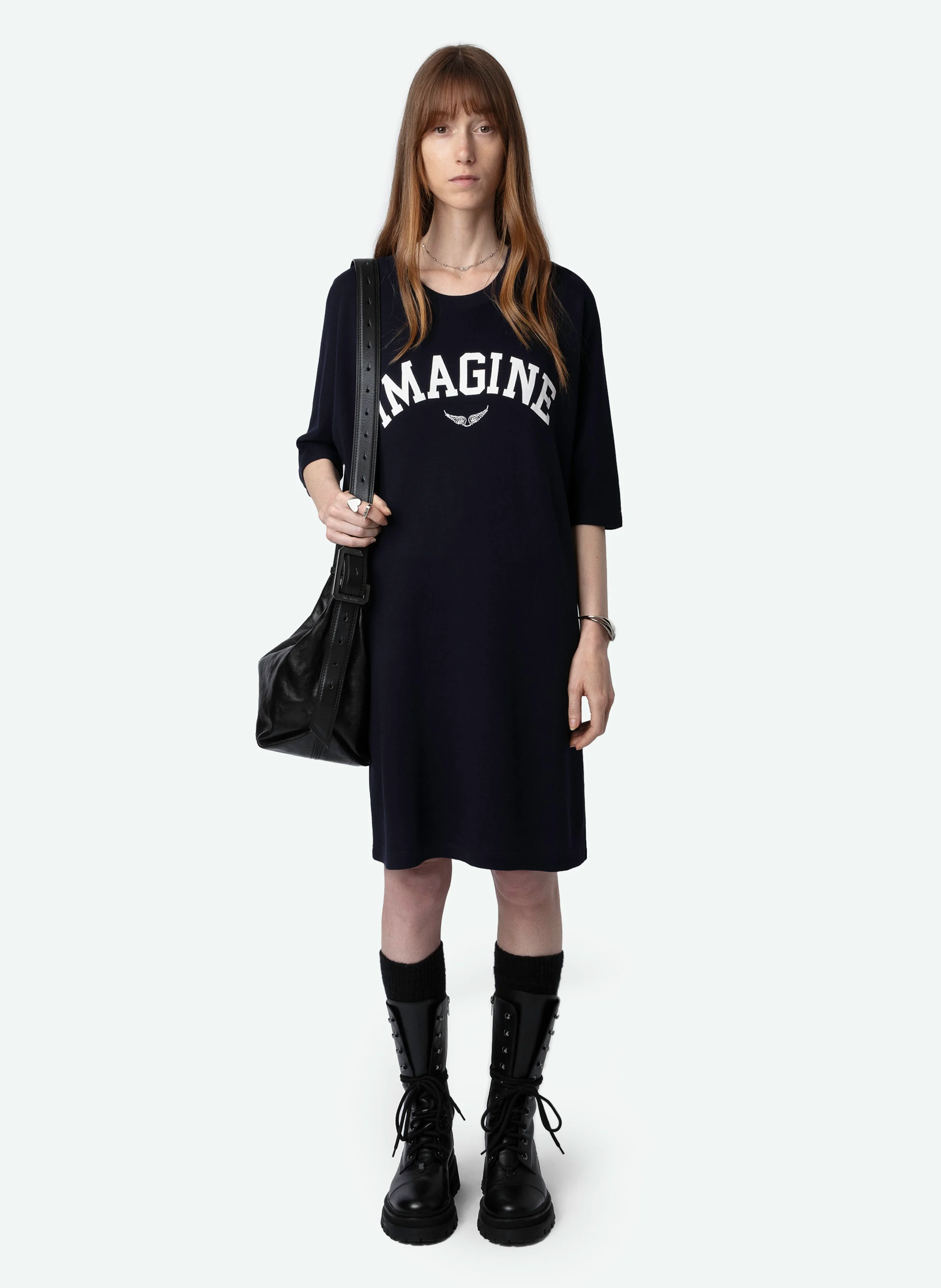 PORTMAN - Robe midi col rond en coton bio mélangé | Bleu