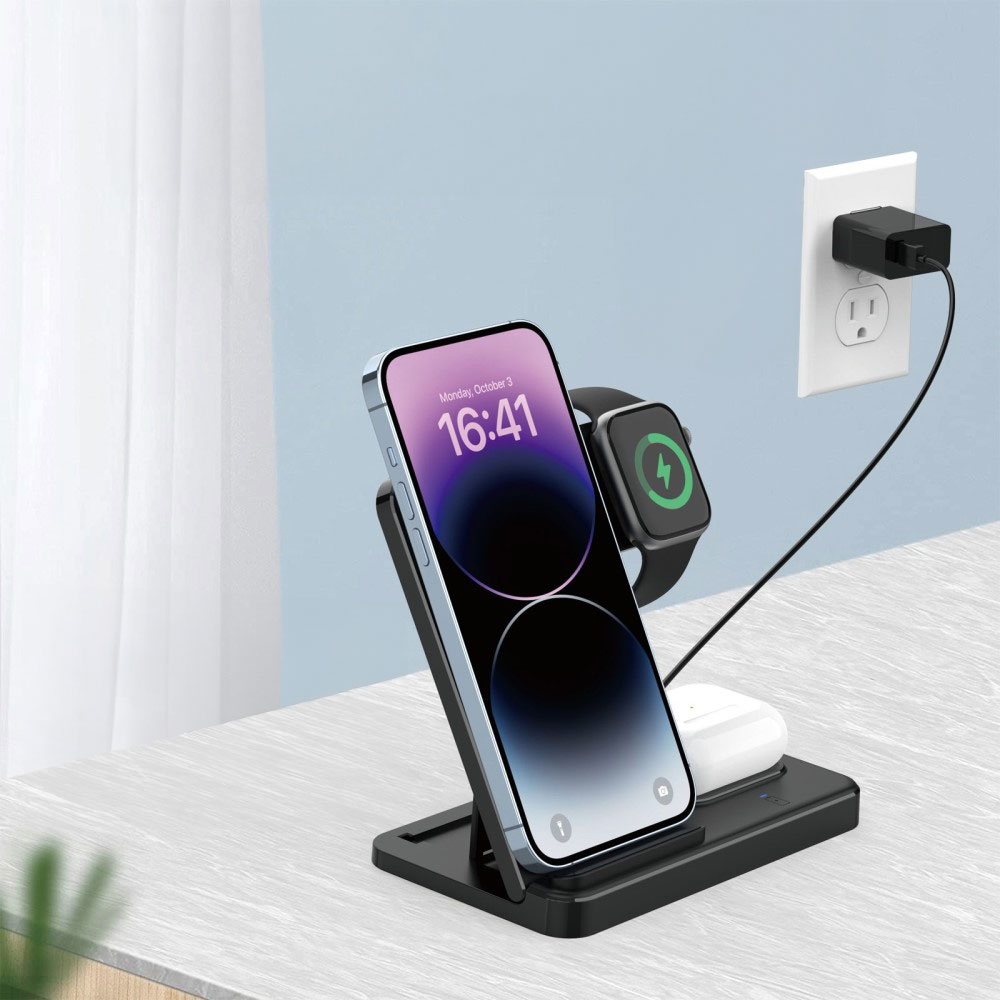 (15W) 3in1 Ladegerät Qi Wireless Charger Faltbarer Ladeständer für Apple Watch / Smartphone / AirPods - Weiss