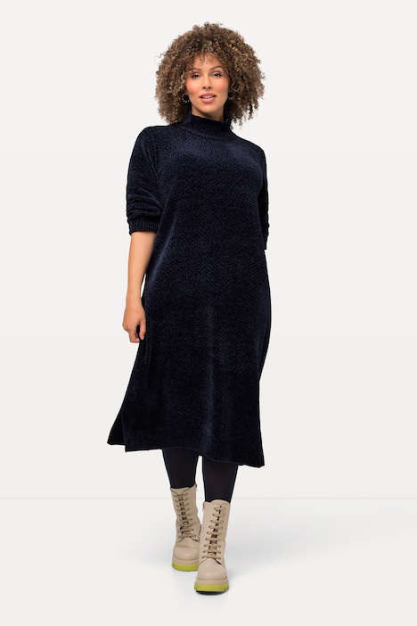 Chenille-Midikleid, Stehkragen, Langarm, kuschelweich
