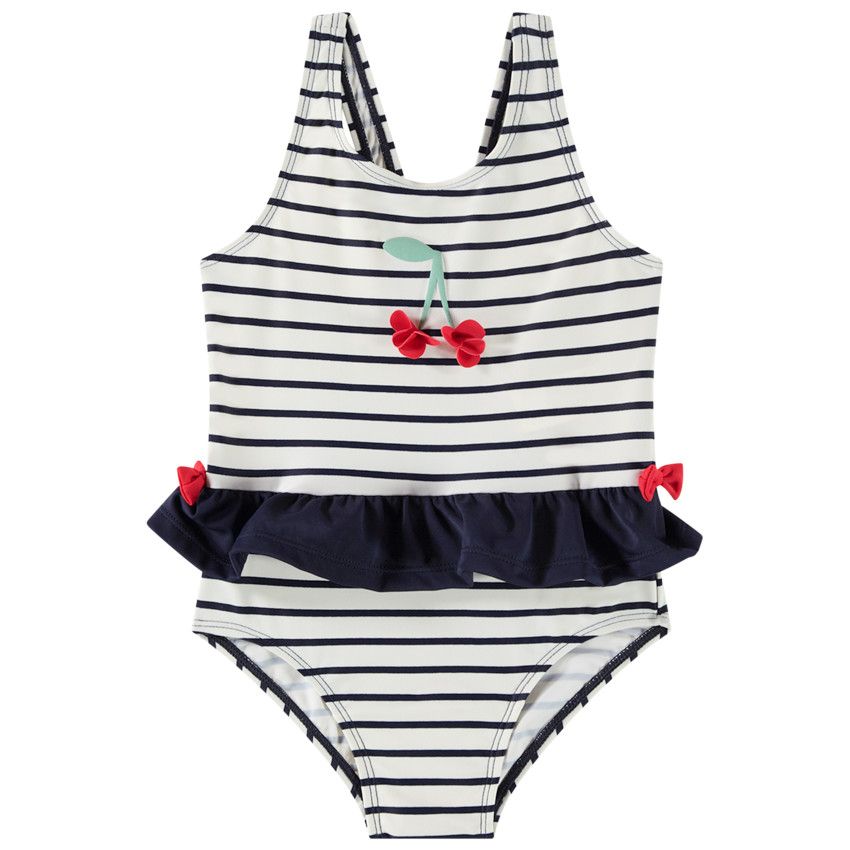 Maillot de bain 1 pièce en jersey à rayures pour bébé fille - Ecru