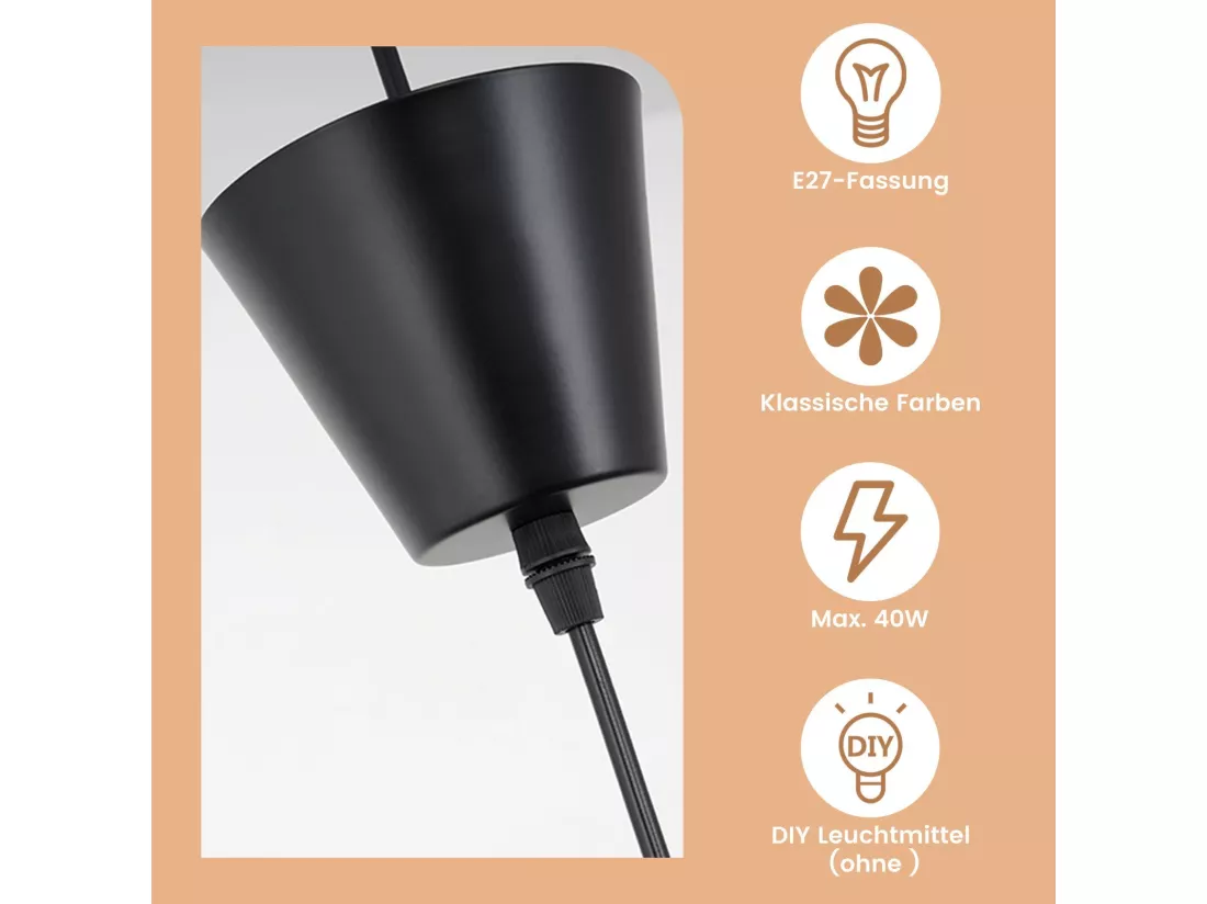NETTLIFE Suspension Noir E27 Moderne Diam.60cm Polycarbonate Design Chapeau Max.40W pour Salon salle à manger cuisine, sans Ampoule