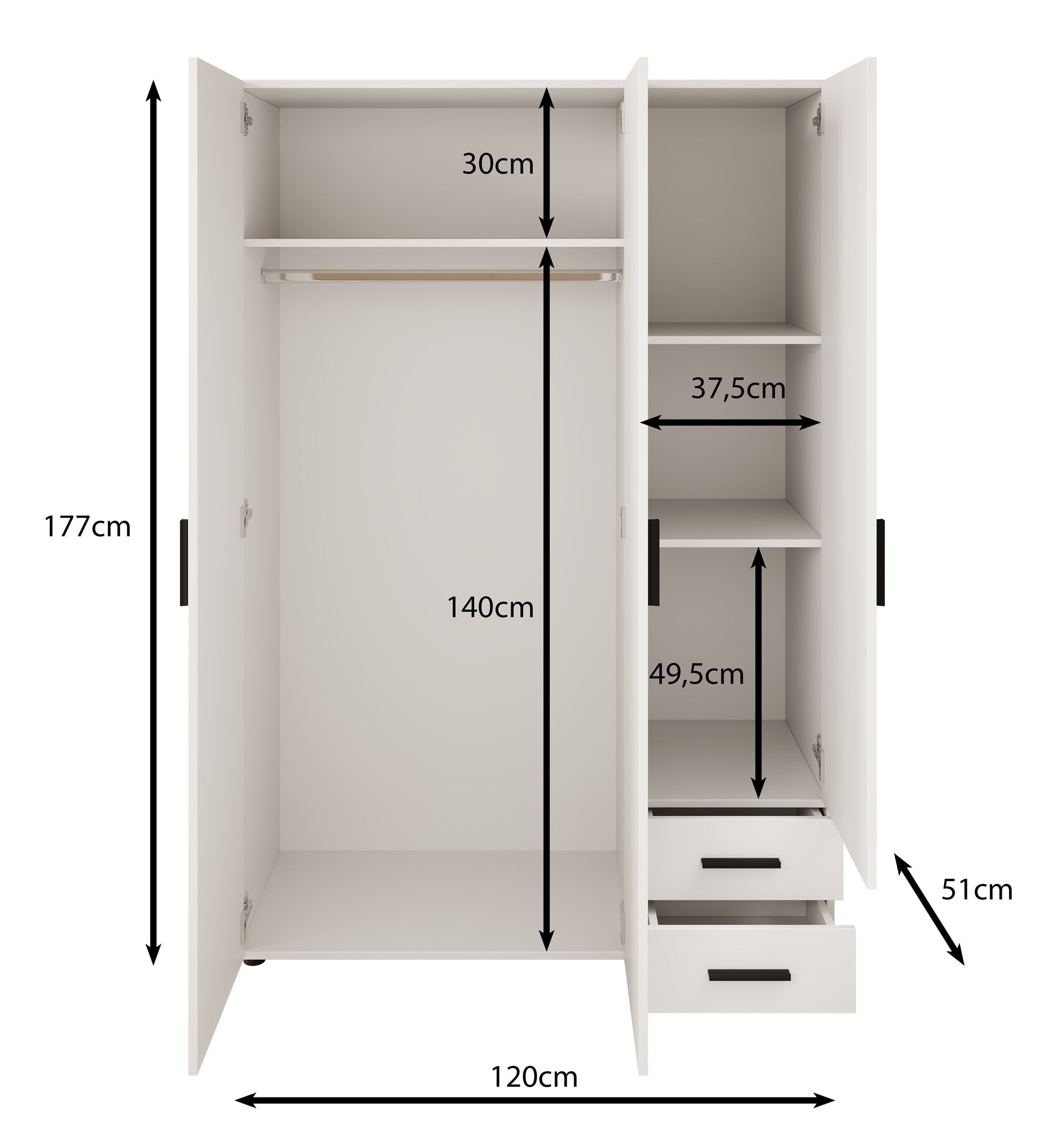 Bellini - Kledingkast 3-deurs - Wit - 120x51x177 cm