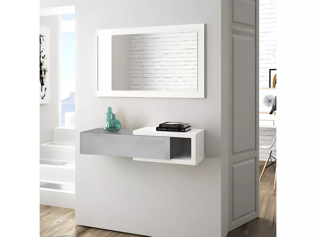Meuble d'entrée suspendu + miroir Blanc/Béton - NONA - L 95 x l 26 x H 19 cm