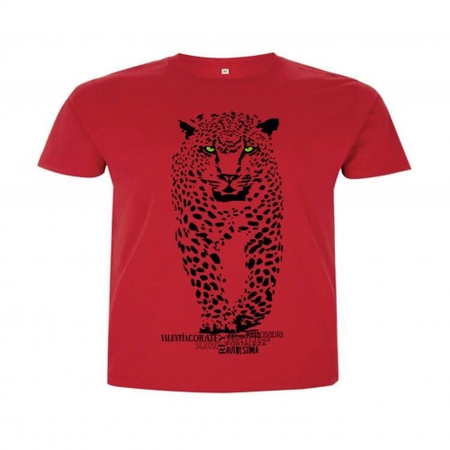 Camiseta masculina de algodão de manga curta com estampa de onça-pintada vermelha, totem animal.