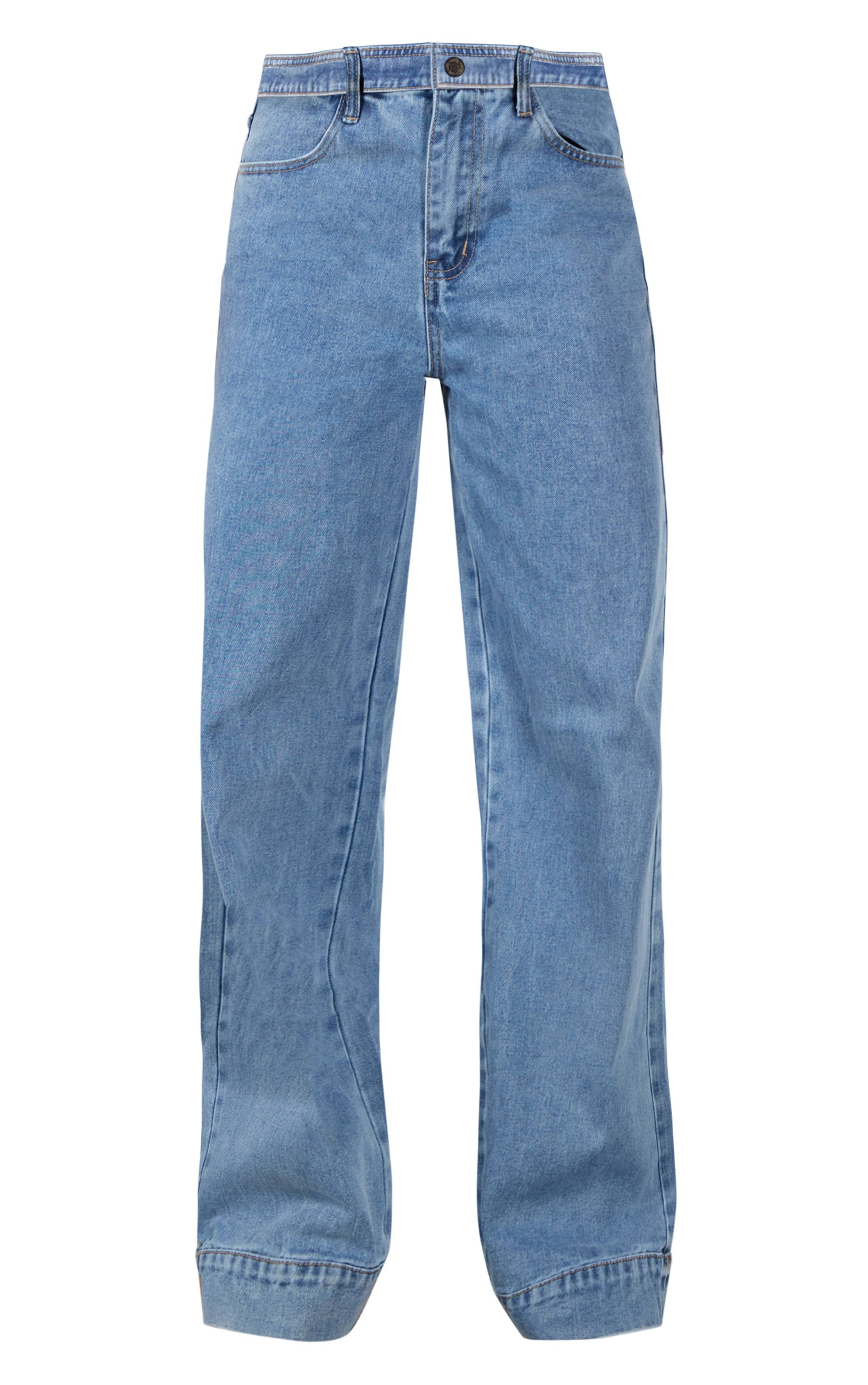 Mid Blue Wash Jean Large À Détails De Coutures