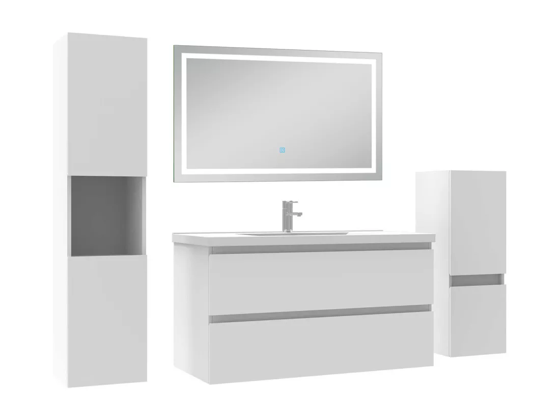 Ensemble meuble salle de Bain 100cm avec colonne et miroir mural lumineux 3 couleurs blanc