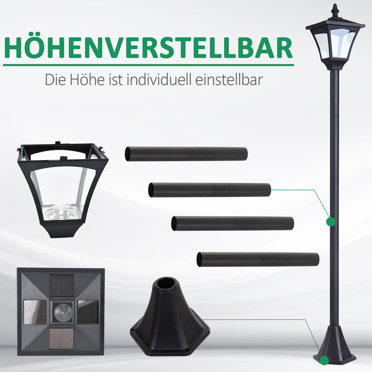 Outsunny Solar Lantaarn, Padverlichting met LED 30 Lumen, Kunststof, 15 x 15 x 120 cm, Zwart