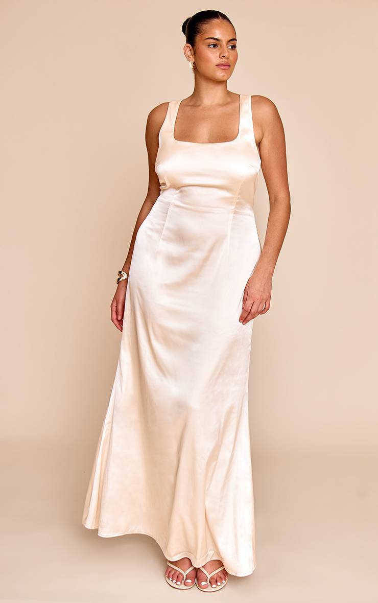 Naturel Robe Mi-longue Grande Taille En Satin Avec Dos Croisé
