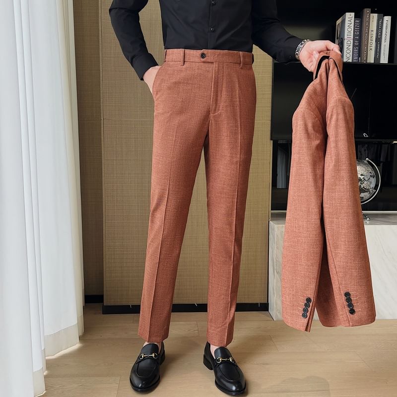 Sheck - Set: Reverskraag Melange Enkelrijs Blazer + V-hals Vest + Middelhoge Rechte Broek
