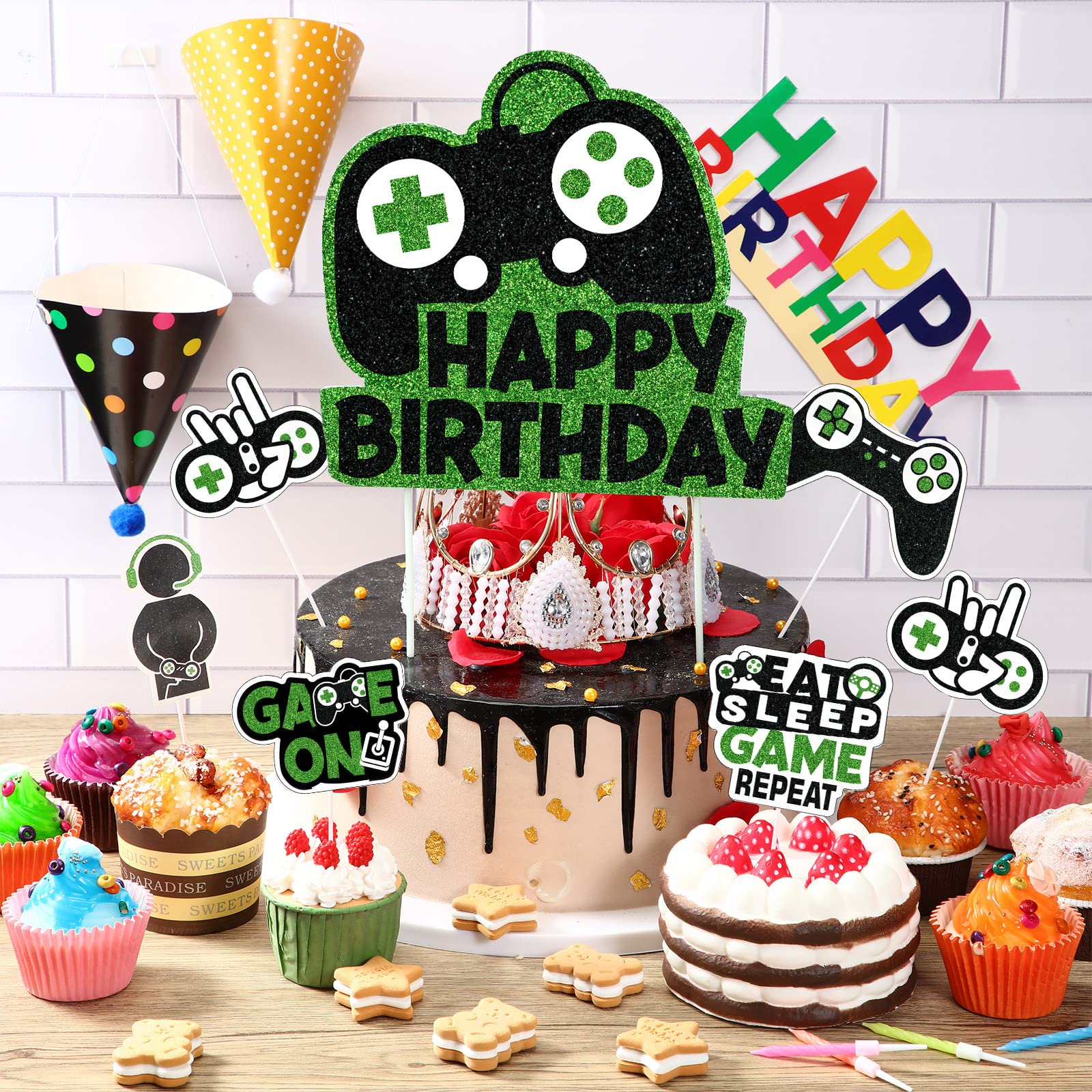 (6-tlg. Set) Kuchenstecker Happy Birthday / Game Controller Tortenstecker Videospiel Topper Dekoration für Torten / Kuchen - Grün