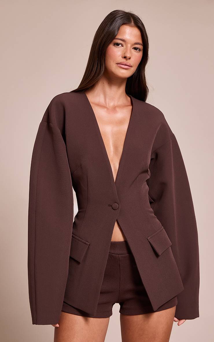 Chocolat Blazer À Taille Cintrée Manches Cocon Avec Poches