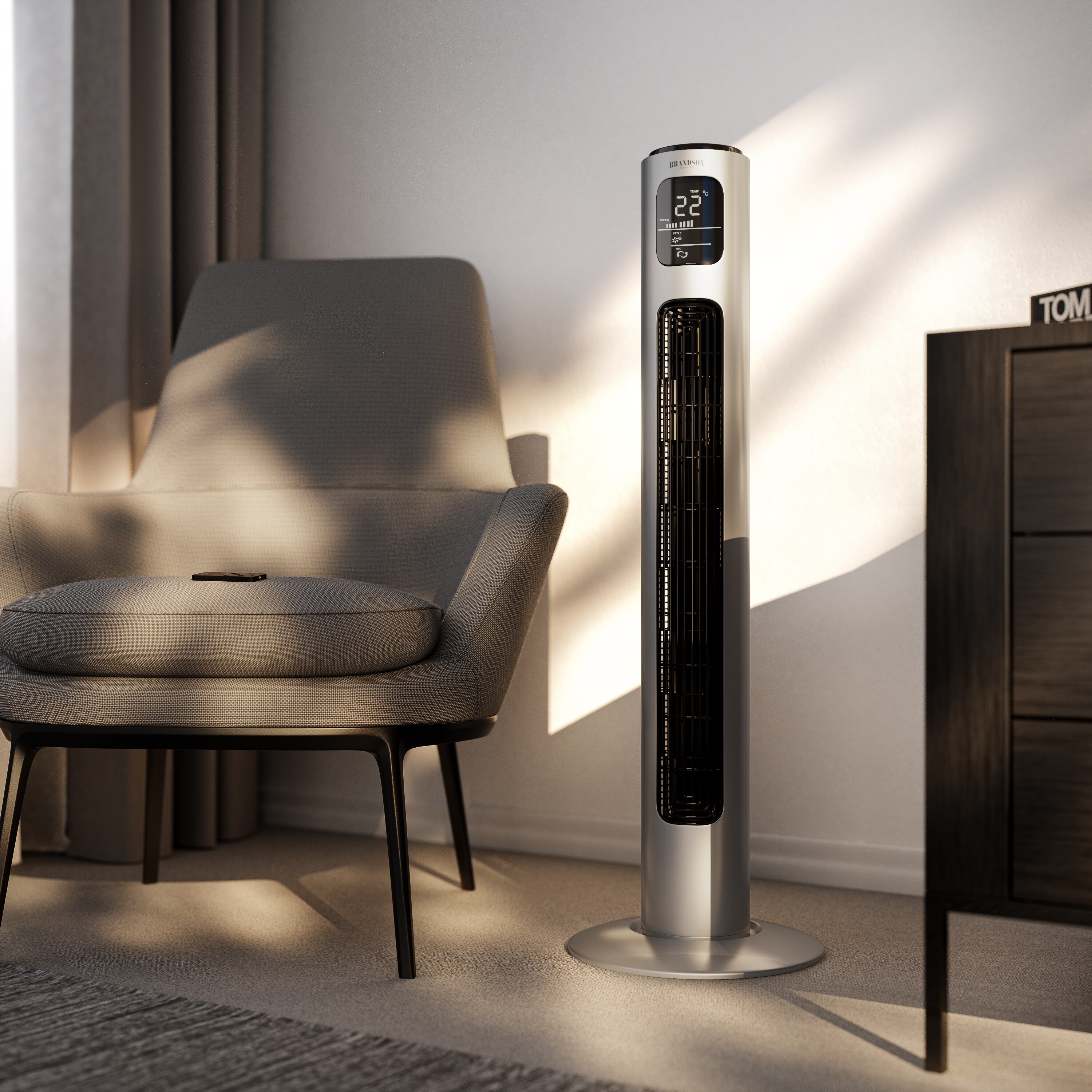 Brandson 96 cm Turmventilator mit Fernbedienung, 3 Geschwindigkeiten, mobiler Lüfter leise, Standventilator mit Oszilation, Ventilator mit GS