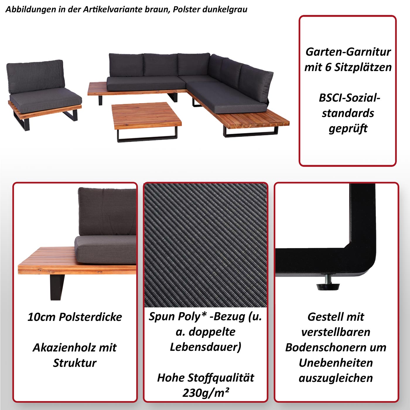 Garten-Garnitur mit Sessel MCW-H54, Lounge-Set Sofa, Spun Poly Akazie Holz MVG Aluminium ~ grau, Polster cremeweiß