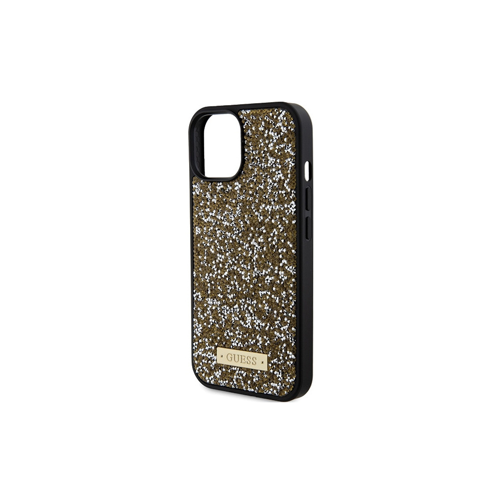 iPhone 15 Hybrid Hardcase Hülle Rhinestone Metal Logo (GUHCP15SPFGSBSD) - Gold / Schwarz