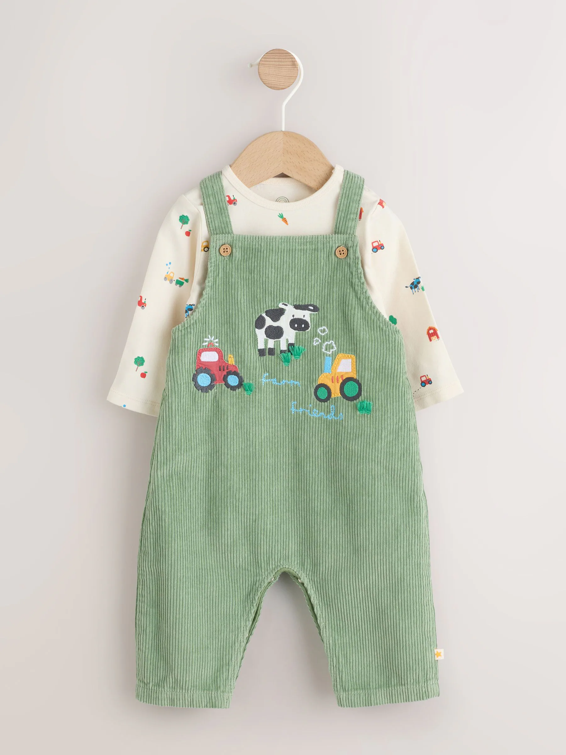Groen met boerderijprint - Babyset van tuinbroek en rompertje (0mnd-2jr)