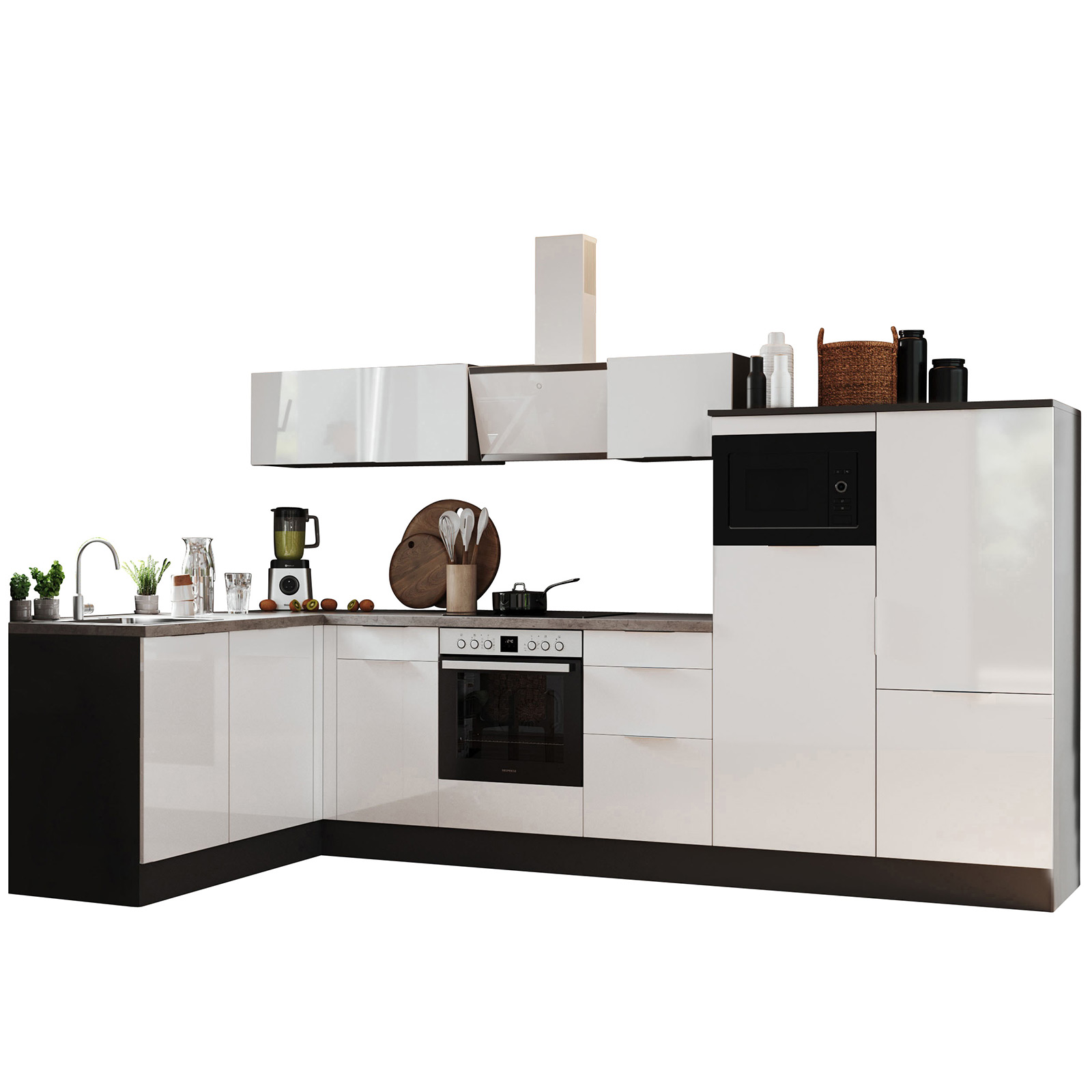 RESPEKTA Winkelküche - weiß Hochglanz - grau matt - mit E-Geräten - 340x175 cm