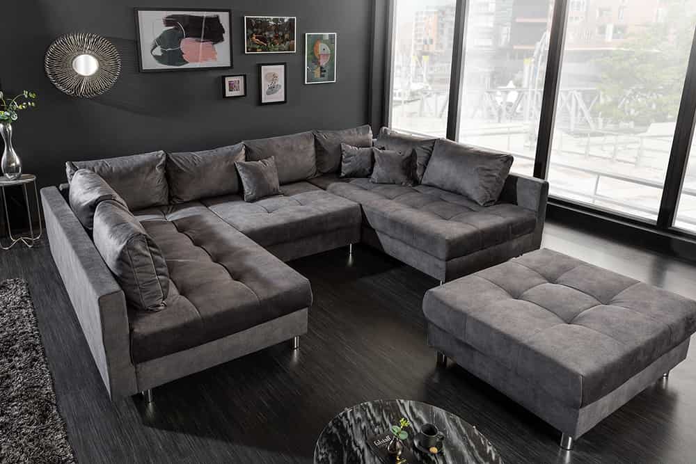 Moderne XXL Wohnlandschaft KENT 305cm grau Samt Bigsofa inkl. Hocker Federkern