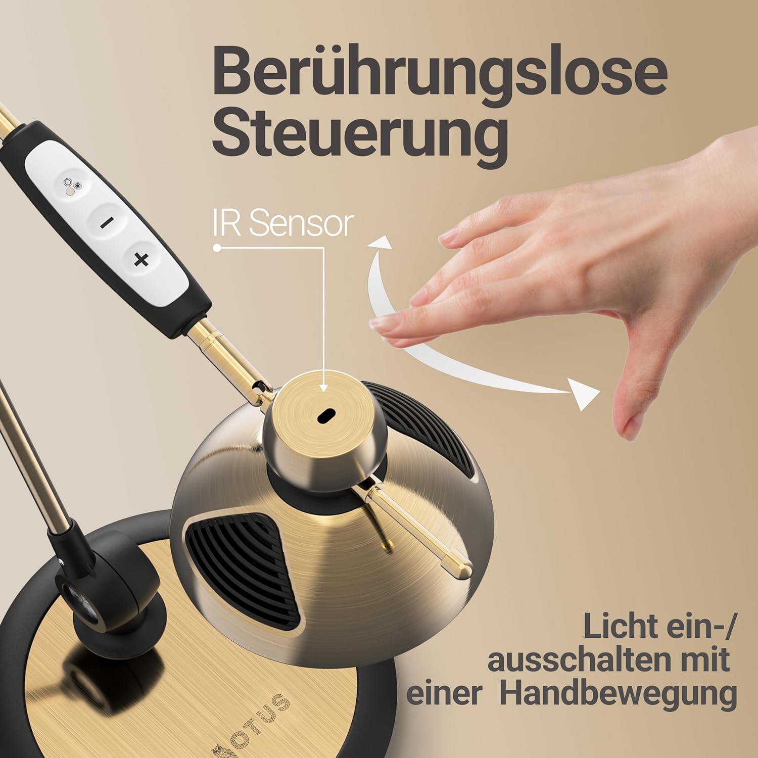 OTUS Schreibtischlampe LED Dimmbar mit Gestensteuerung | Retro Schreibtisch Lampe 3 Farbmodi, 12 Helligkeitsstufen & Flexarm aus Metall | LED Tischlampe & Arbeitsleuchte für Büro Home Lesen - Messing