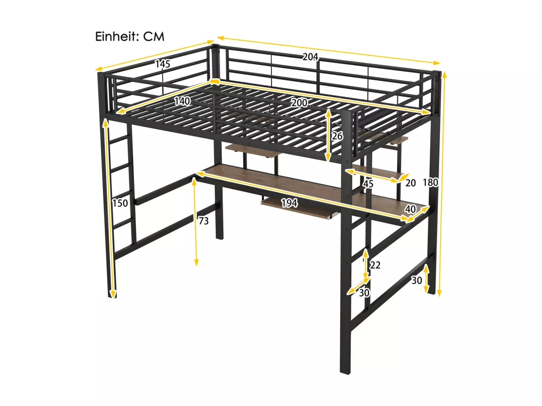 Lit mezzanine 140x200cm pour enfants - Cadre de lit en fer lit surélevé avec bureau pour étude et 2 étagères - noir