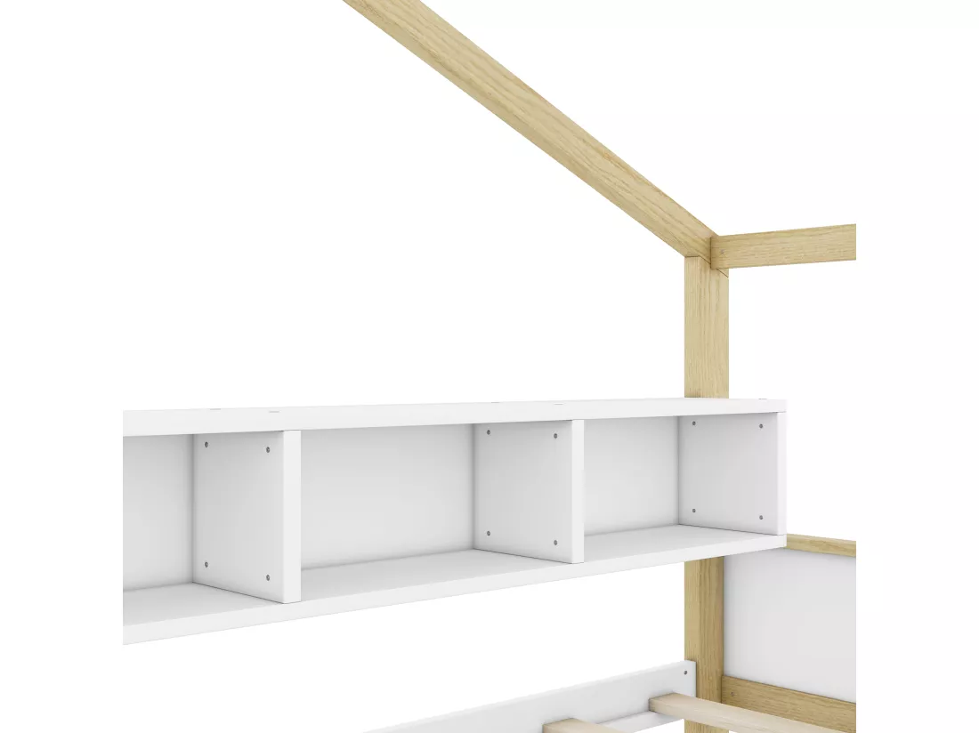 Lit cabane 140 x 200 cm avec lit gigogne 90 x 180 cm - 4 niches - Bois de pin - blanc