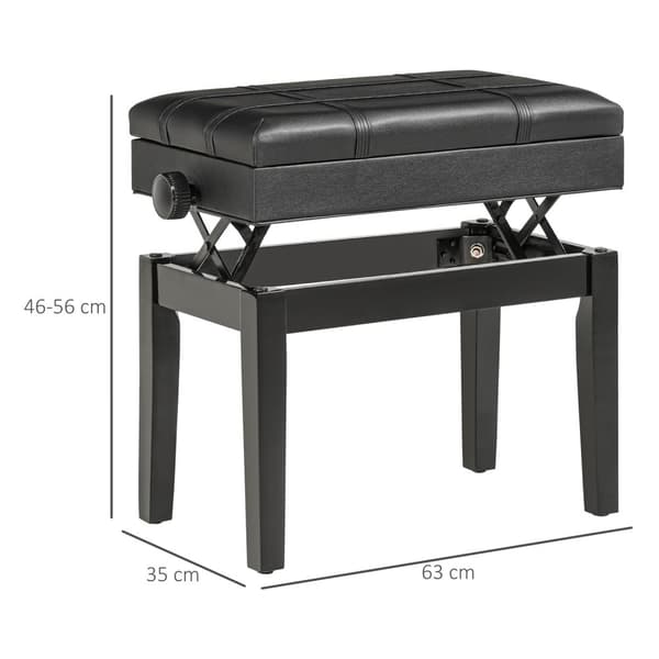 Pianobenk Høydejusterbar Pianokrakk Med Lagringsplass, Skinnpute, Svart, 63X35X46-56 Cm