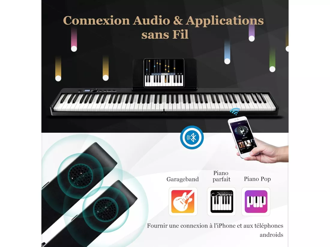Piano Numérique Pliable à 88 Touches avec Pupitre, Clavier Electrique Portable avec Touche Lumineuse,2 Modes d'Apprentissage, MP3/USB/MIDI, 3 Ans+, Noir