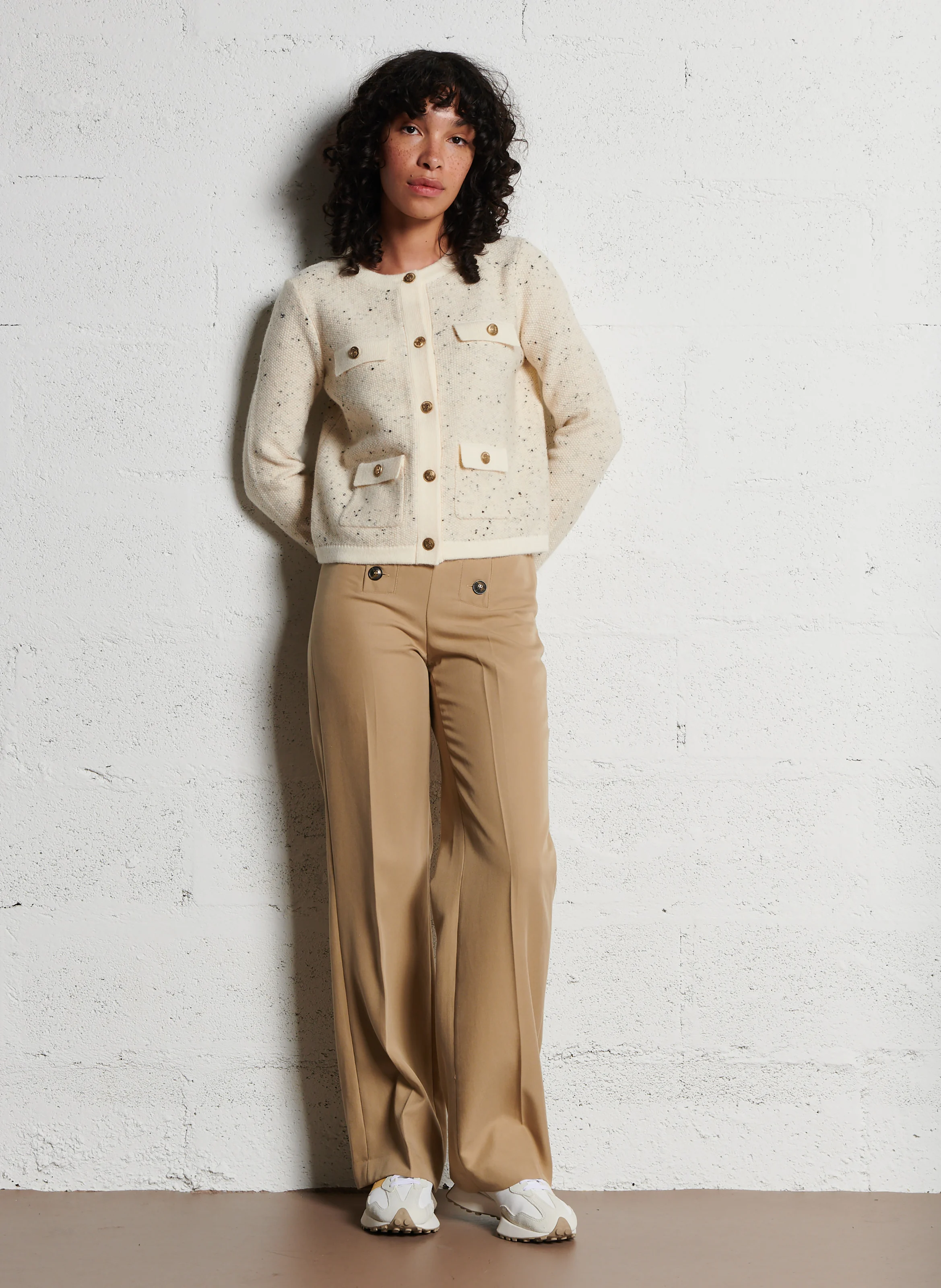 CHARLINE - Cardigan col rond droit en maille | Beige