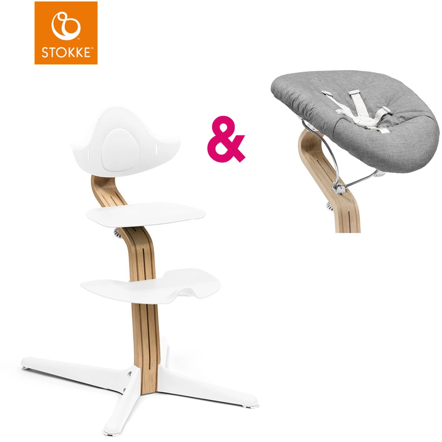 STOKKE® Nomi® Hochstuhl Eiche natur  weiß inkl. Newborn Set weiß  grau blau