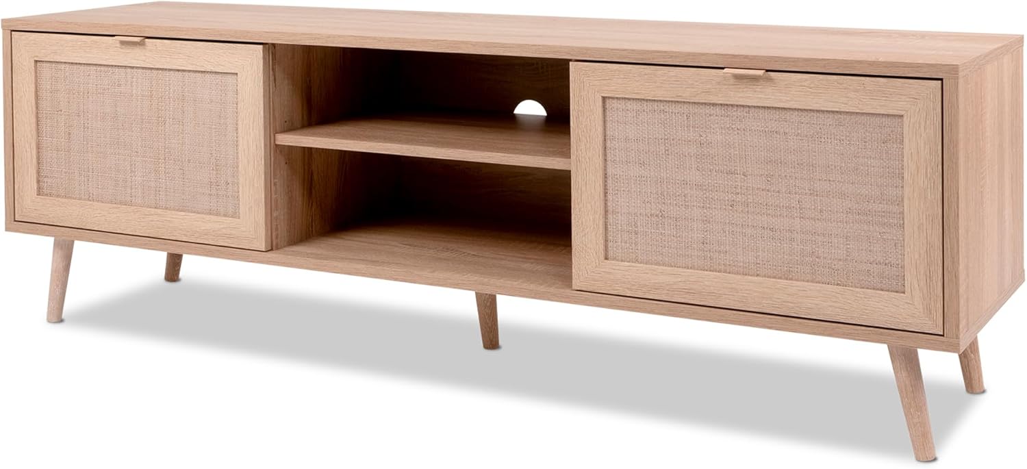 KHG TV-Lowboard hell-braun mit 2 Türen und 2 offenen Fächern modern Eiche-Optik, TV-Bank aus Holzwerkstoff Rattan-Optik, Gestell aus Massivholz - 150 x 52 x 40 cm (B/H/T)