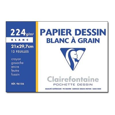 Clairefontaine Dessin à Grain - Pochette papier à dessin - 12 feuilles - A4 - 224 gr - blanc