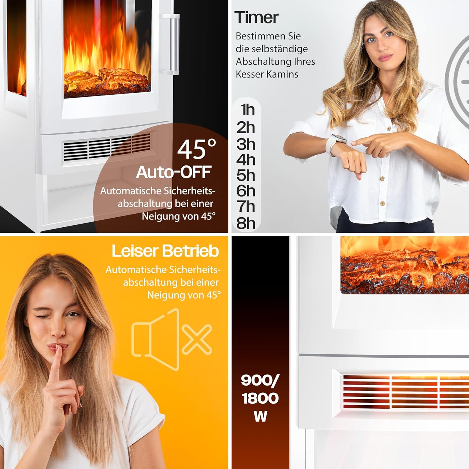 KESSER® Elektrokamin mit Heizung Panorama-Sichtfenster Heizlüfter 9 LED-Flammeneffekt Farbmodi Fernbedienung WiFi App 900/1800W Kaminfeuer elektrisch mit Thermostat Heizfunktion Timer