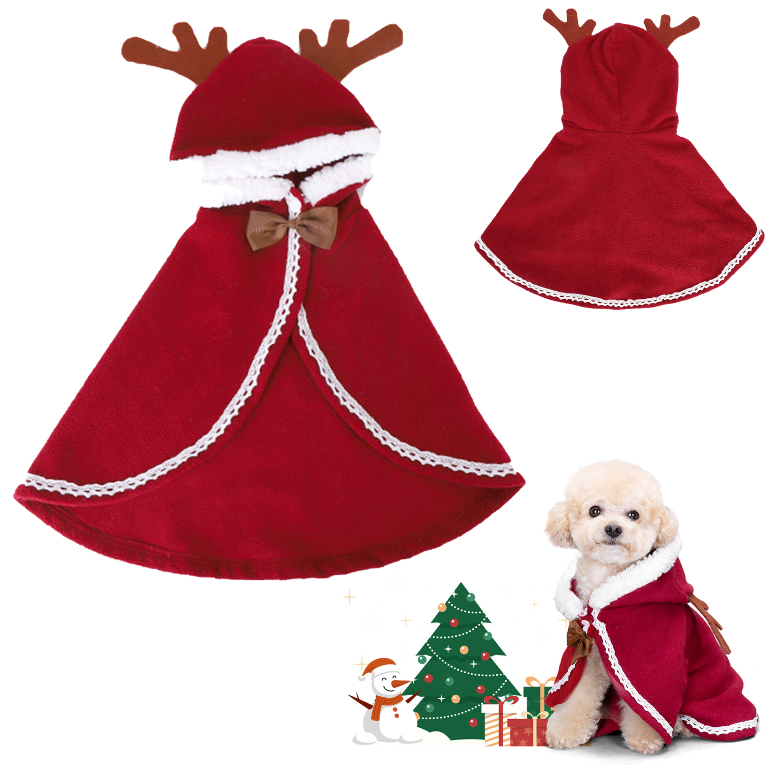 Roupa de Natal Nobleza para Cães, Conjunto Natalino para Cães, Capa e Chapéu de Natal Fofos para Cães, Ideal para Natal, Festas e Aniversários. Tamanho G - 45 cm