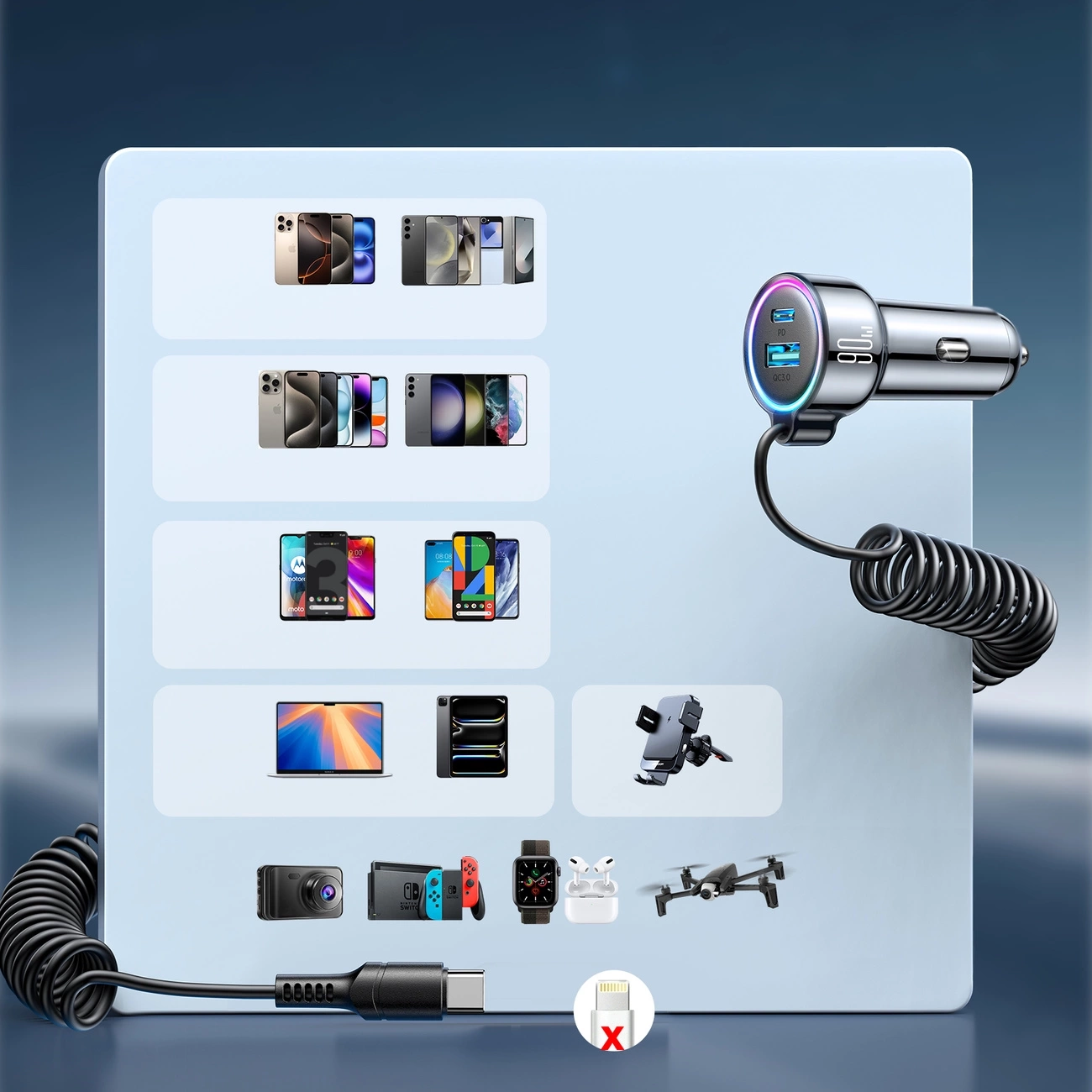 (72W) USB C / USB A Auto KFZ Ladegerät Car Charger für Zigarettenanzünder mit USB C Spiral Ladekabel (JR-CL07) - Schwarz