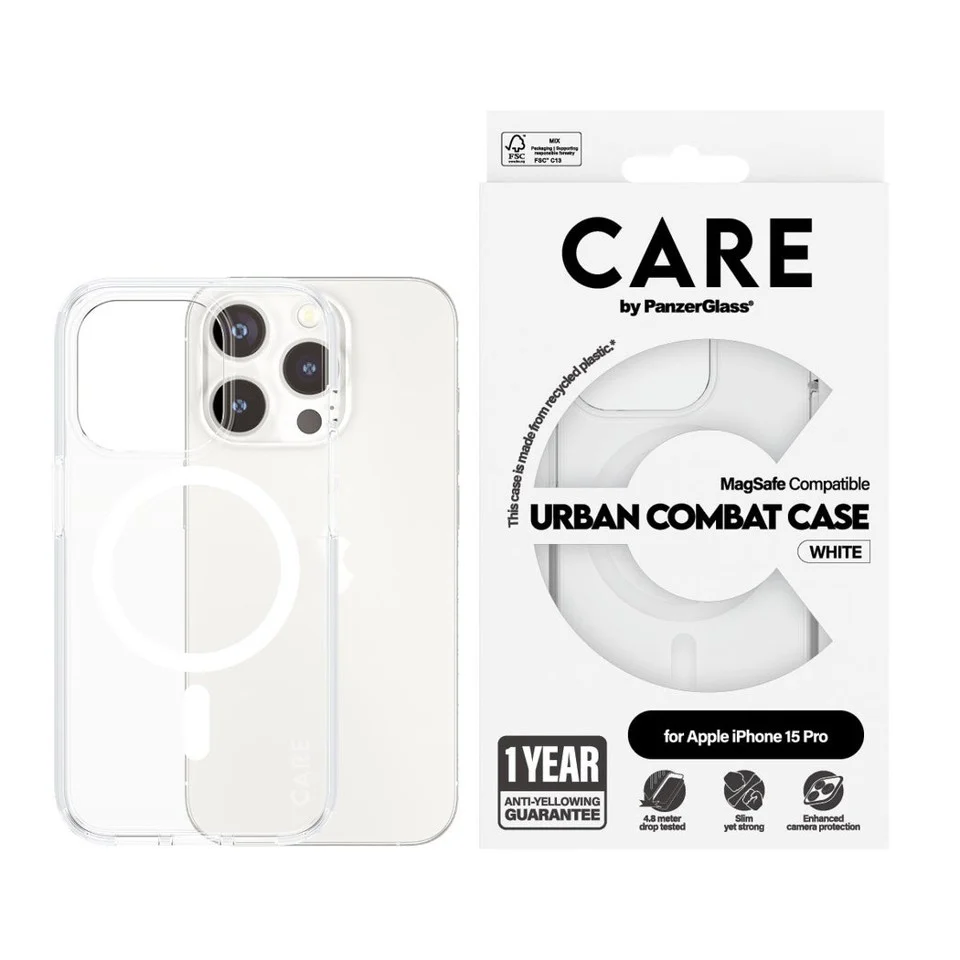 CARE by PanzerGlass - Case Transparent med hvid MagSafe - iPhone 15 Pro