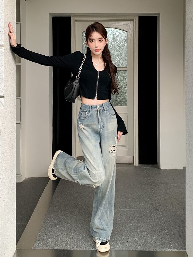 Wisjam - High Rise Ripped Washed Wide Leg Jeans