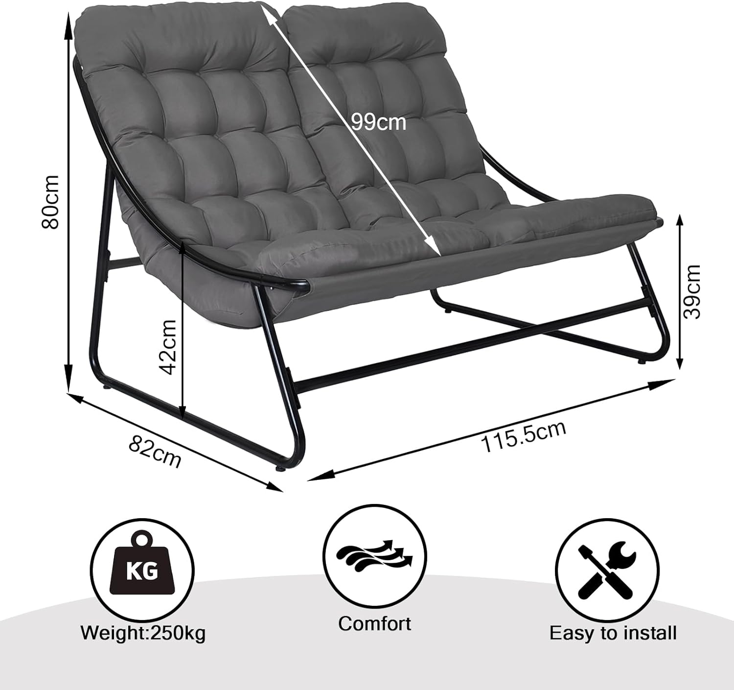 Doppelliege Outdoor 2 Personen, Sonnenliege 2 Personen, Gartenliege Extra Hoch mit 7 Cm Dicker Auflage, Liegestuhl Garten Extra Breit, Relaxliege Outdoor, Sonnenliegen, Kippliege für Terrasse