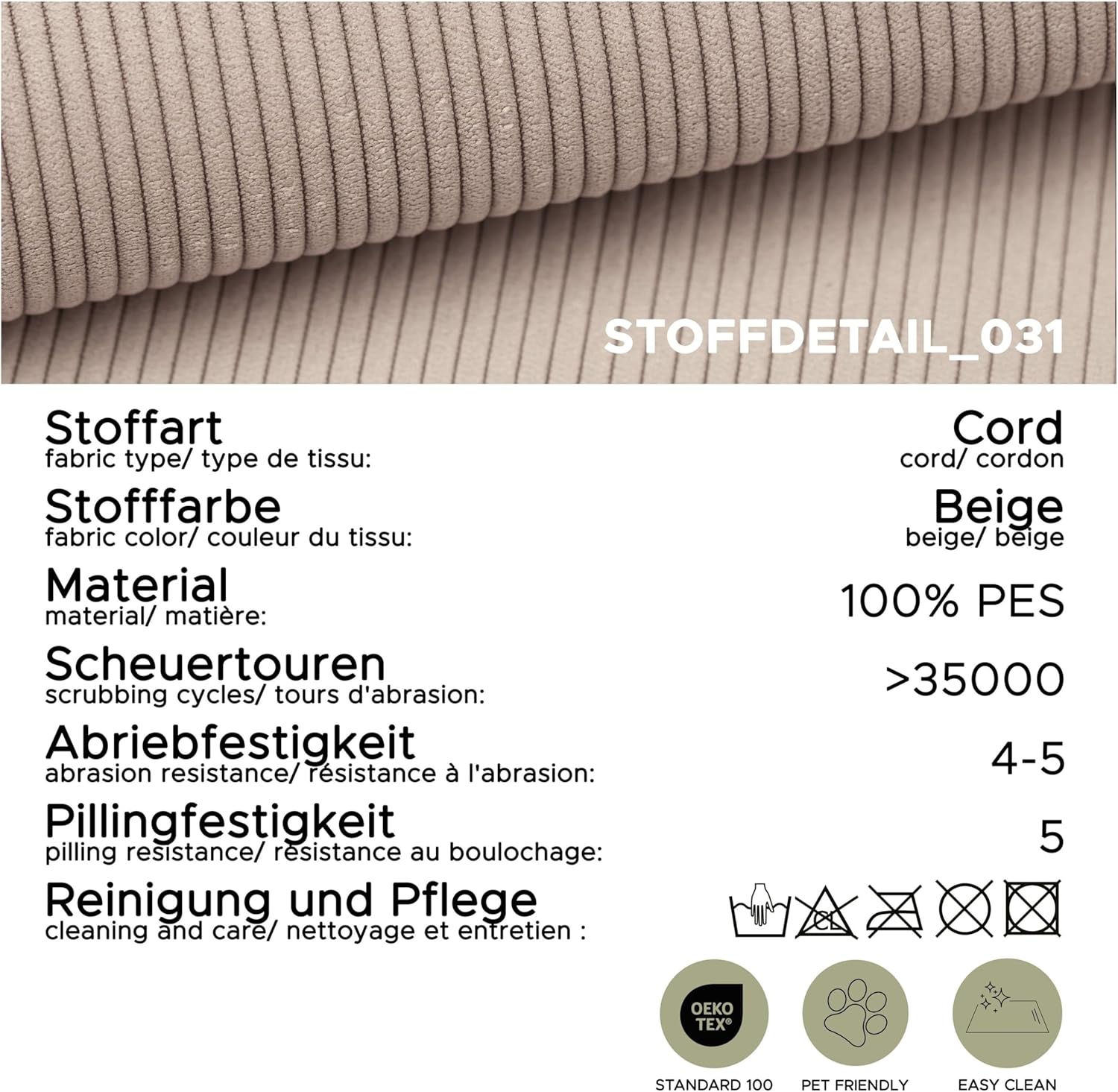 xonox.home Sofa U-Form rechts Toronto Wohnlandschaft Polstersofa Couch Kleincord beige B/H/T: 202x87x361cm