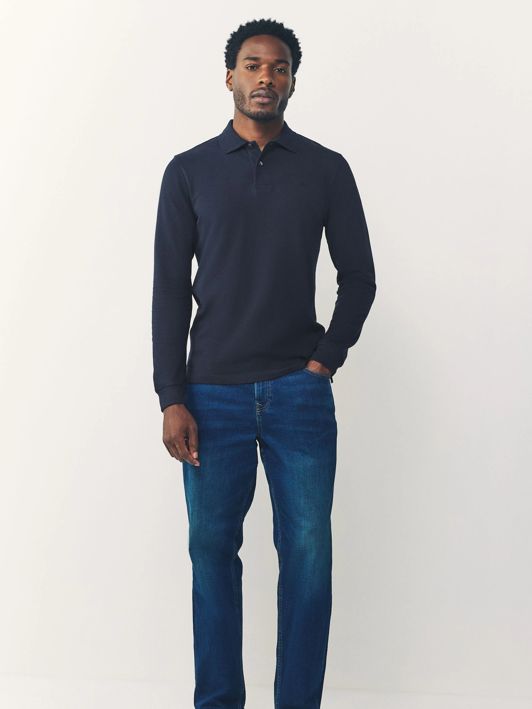 Donkerblauw - Slim Fit - Piqué polo met lange mouwen