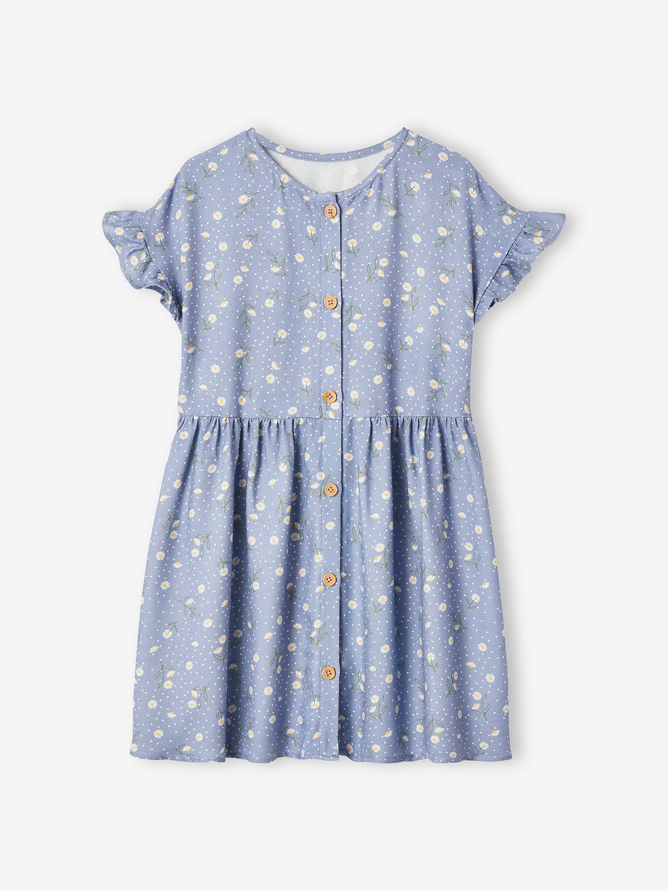 Vestido com botões e estampa floral, para meninas, na cor bege claro.